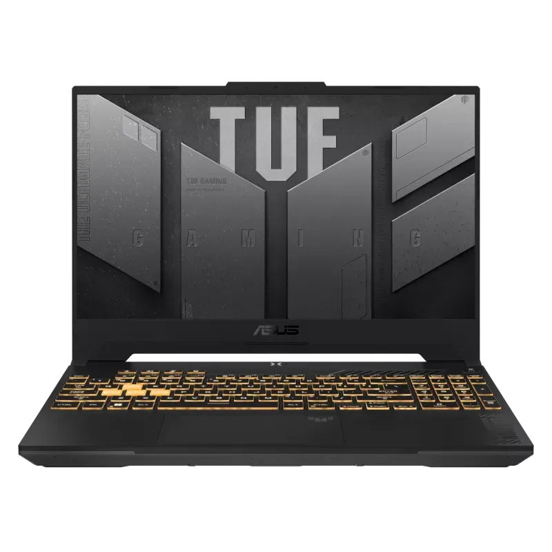 Meu ASUS TUF Gaming F15 FX507VU, com tela aberta e teclado iluminado