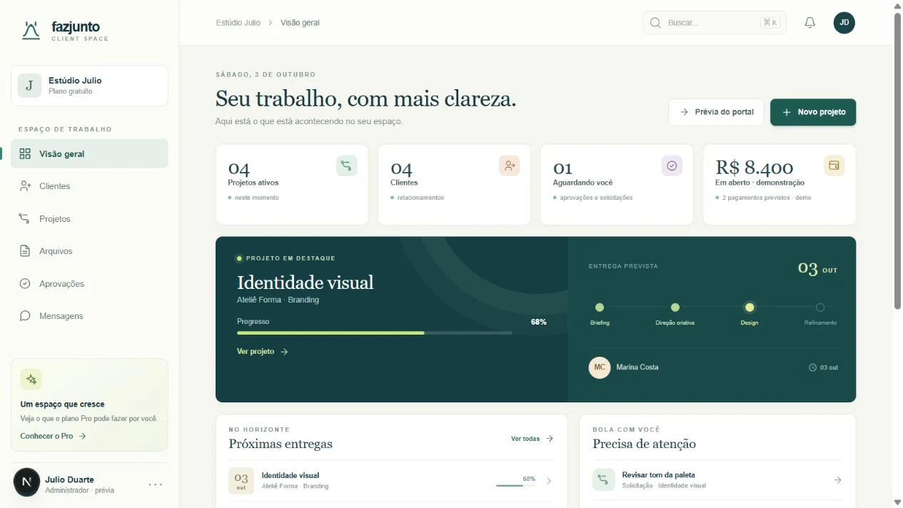 Painel com projetos e entregas